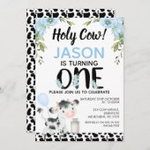 ボーイズ青フローラホーリーカウカウカウズプリント1st誕生日 招待状 (正面/裏面)