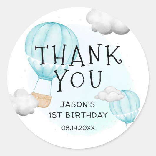 ボーイズ青熱気球1st誕生日ありがとう ラウンドシール (正面)