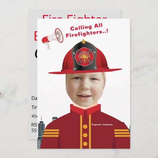 ボーイズ顔インホール消防ファイターフォト誕生日 招待状 (正面/裏面)