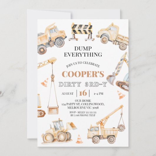 ボーイズ黄建築ダーティ3rd-y 3rd誕生日 招待状 (正面)