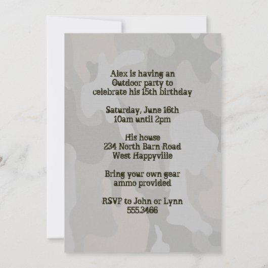 ボーイズ10代のアウトドア迷彩柄誕生日パーティー 招待状 (裏面)