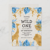 ボーイズ1stバースデーパーティーブルーベージュ色サファリ インビテーションポストカード (正面/裏面)