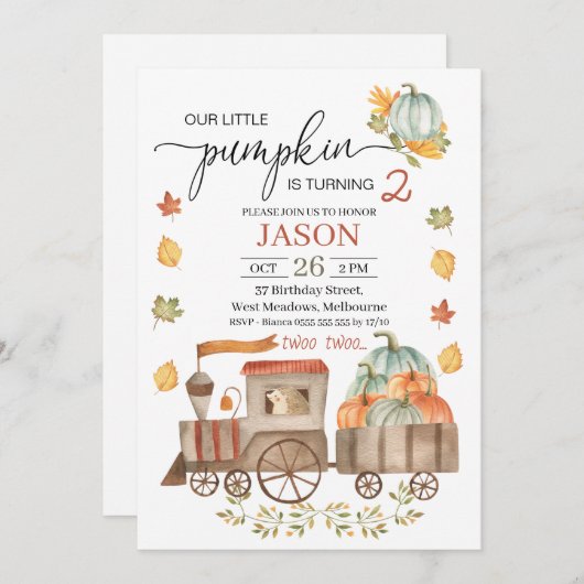ボーイズ2つの小さなパンプキントレイン2番目の誕生日inv 招待状 (正面/裏面)