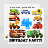 ボーイズ4th誕生日建築トラックパーティー 招待状 (正面/裏面)