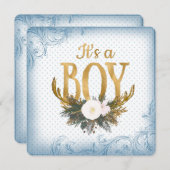 ボーイズ・アントラー赤ちゃんシャワーブルーと金ゴールド 招待状 (正面/裏面)