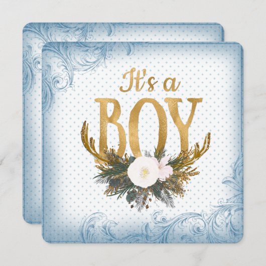 ボーイズ・アントラー赤ちゃんシャワーブルーと金ゴールド 招待状 (正面/裏面)