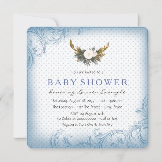 ボーイズ・アントラー赤ちゃんシャワーブルーと金ゴールド 招待状 (裏面)