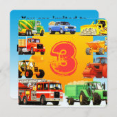 ボーイズ·カスタム第3誕生日建築トラックパーティー 招待状 (正面/裏面)