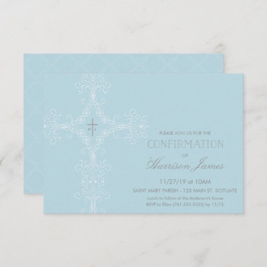 ボーイズ・コンファルメント・招待状ウィズ・クロス、イニシャル 招待状 (正面/裏面)