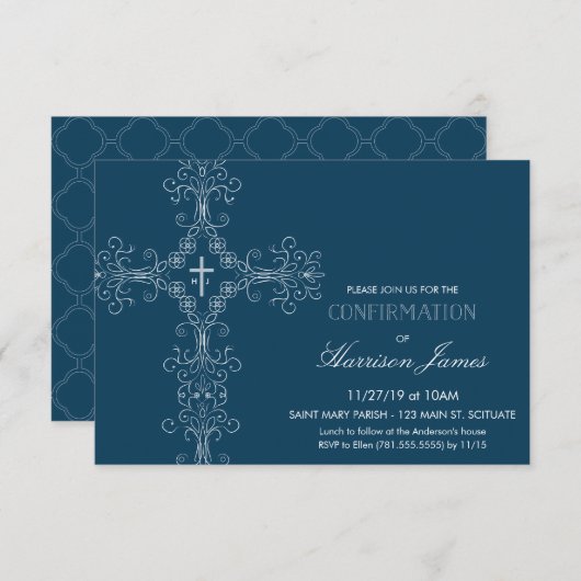 ボーイズ・コンファルメント・招待状ウィズ・クロス、イニシャル 招待状 (正面/裏面)