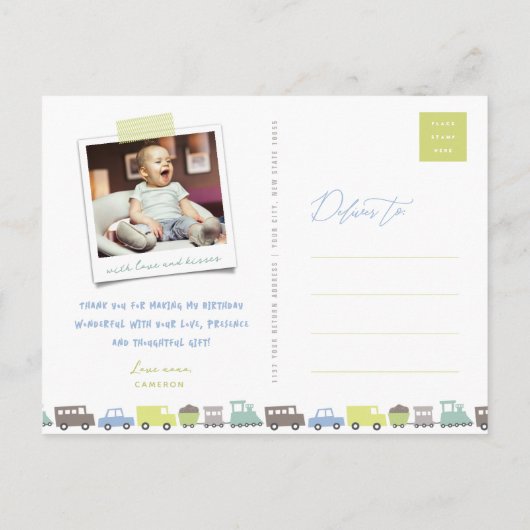 ボーイズ・トイズ・キッドの誕生日パーティーありがとうノートカード ポストカード (裏面)