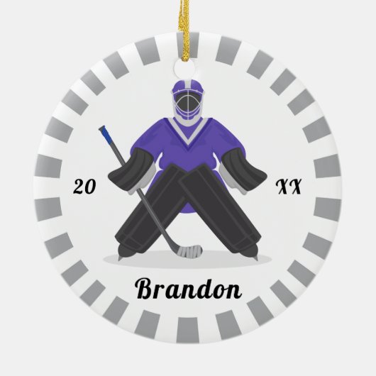 ボーイズ・パープル・アイスホッケープレイヤー名Winter ストライプの セラミックオーナメント (裏面)