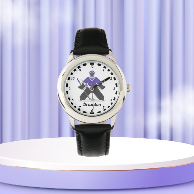 ボーイズ・パープル・アイスホッケープレイヤー名Winter ストライプの 腕時計 (クリエイターアップロード済み)