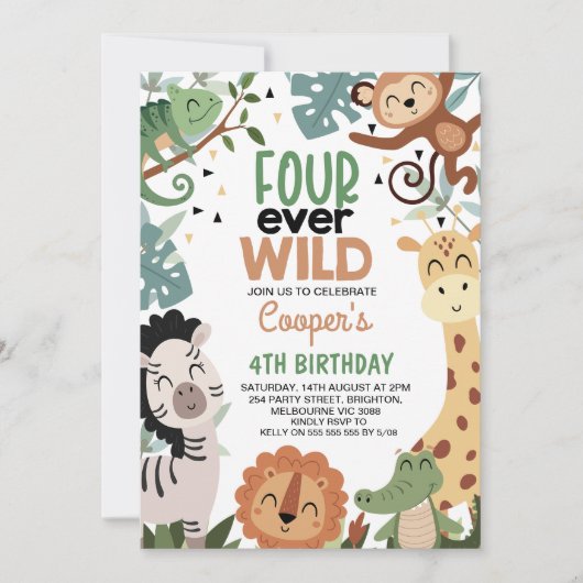 ボーイズ・ブラウン・グリーン4年の野生の4歳の誕生日 招待状 (正面)