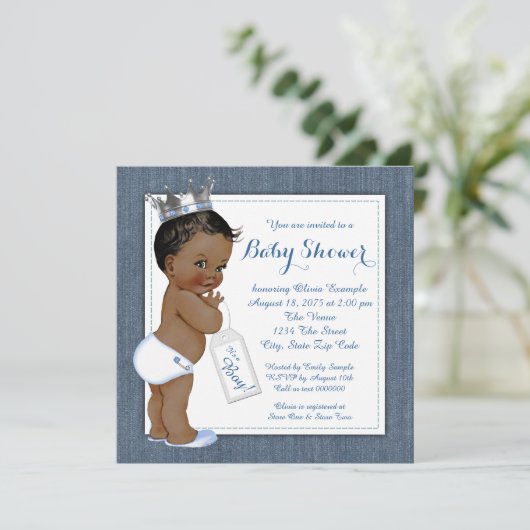 ボーイズ・ブルーデニムアフリカ系アメリカ人ベビーシャワー 招待状 (スタンド正面)
