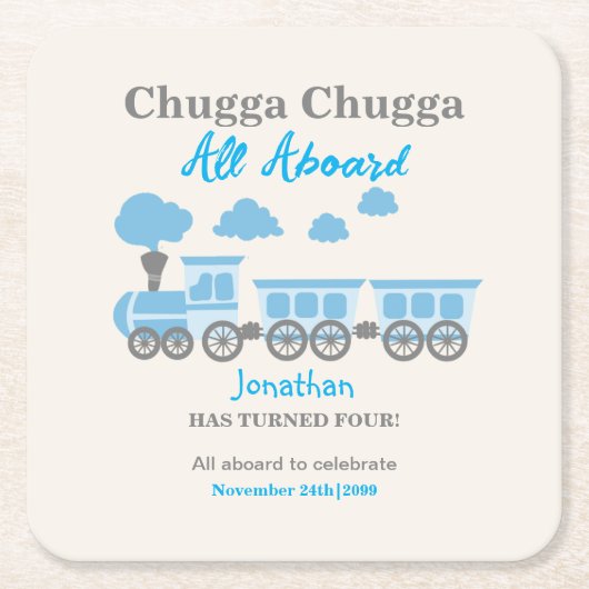 ボーイズ・ブルートレイン任意の年齢の誕生日パーティー スクエアペーパーコースター (正面)