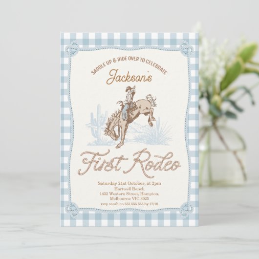 ボーイズ・ブループレイドカウボーイファーストRodeo 1st誕生日 招待状 (スタンド正面)
