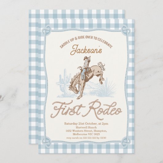 ボーイズ・ブループレイドカウボーイファーストRodeo 1st誕生日 招待状 (正面/裏面)