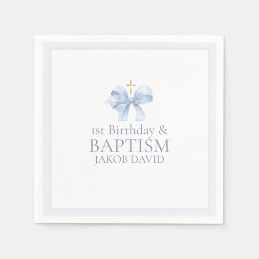 ボーイズ・ブルーボウ1st誕生日とバプテスマ スタンダードカクテルナプキン (正面)