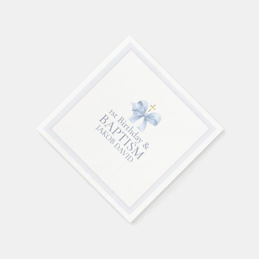 ボーイズ・ブルーボウ1st誕生日とバプテスマ スタンダードカクテルナプキン (角)