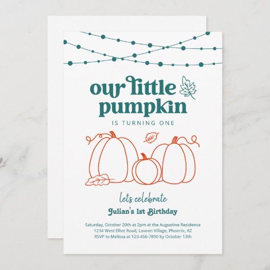 ボーイズ・ブルー私たちの小さなかぼちゃの最初の誕生日パーティー 招待状 (正面/裏面)