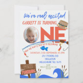 ボーイズ・ブルー魚釣り我々はリール興奮1番目の誕生日 招待状 (正面)