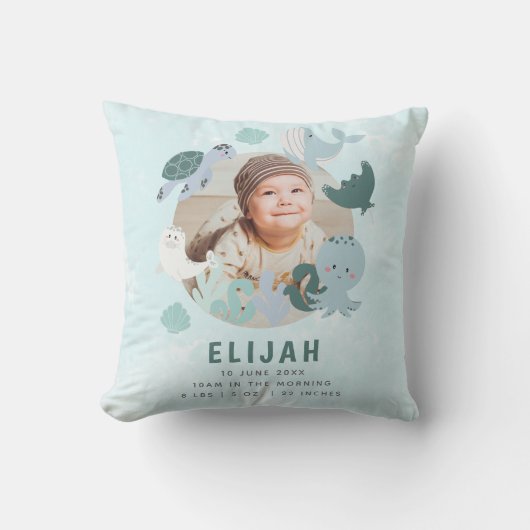 ボーイズ・ブルー・アンダーザシー誕生統計カスタム写真 クッション (正面)