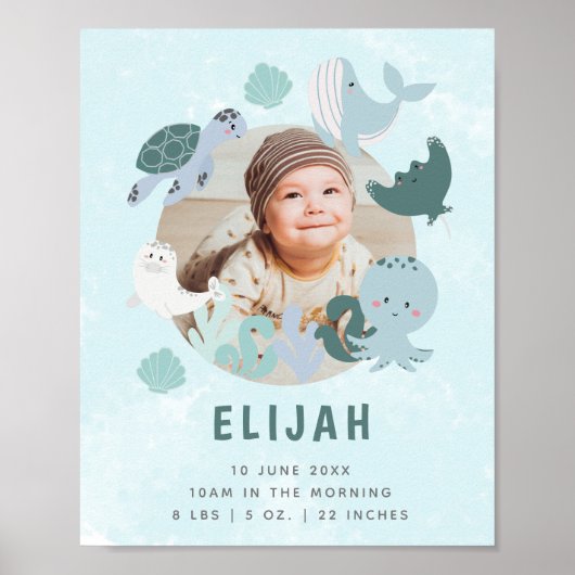 ボーイズ・ブルー・アンダーザシー誕生統計フォト子供部屋 ポスター (正面)