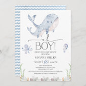 ボーイズ・ブルー・アンダーシーホエールカーフレベビーシャワー 招待状 (正面/裏面)