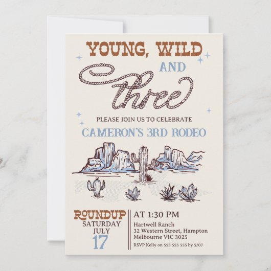 ボーイズ・ブルー・ウェスタン・ヤング・ワイルド3歳の誕生日 招待状 (正面)