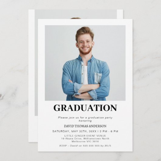 ボーイズ・ミニマル写真卒業パーティー 招待状 (正面/裏面)