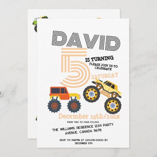 ボーイズ・モンスターカートラック5thバースデーパーティー 招待状 (正面/裏面)