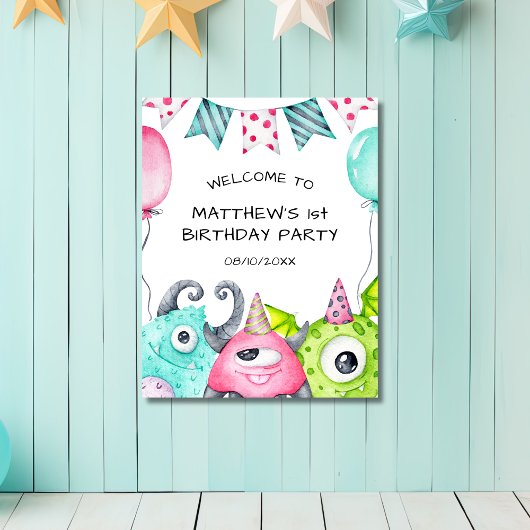 ボーイズ・リトル・モンスターバースデーパーティー歓迎サイン ポスター
