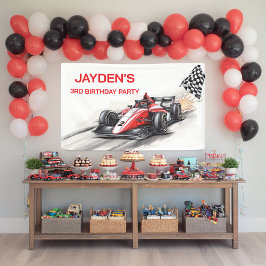 ボーイズ レッド レーシングカー 誕生日パーティーバナー 横断幕
