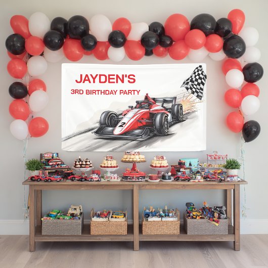 ボーイズ レッド レーシングカー 誕生日パーティーバナー 横断幕