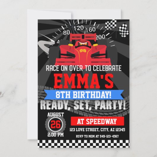 ボーイズ・レッド・レース車のレースのレースのレースの誕生日 招待状 (正面)
