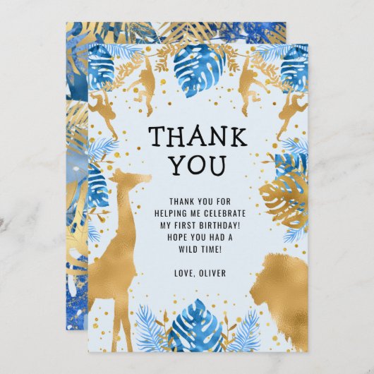 ボーイズ・ワイルドワン1stバースデーブルーサファリありがとう 招待状 (正面/裏面)