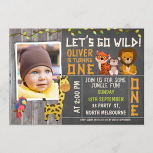 ボーイズ·ワイルド·サファリ·アニマルズ1歳の誕生日招待状 招待状