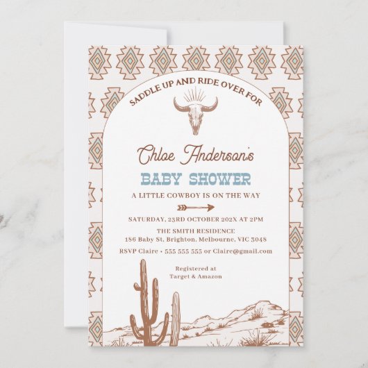 ボーイズBoho Arch Rodeo Western Baby Shower 招待状 (正面)