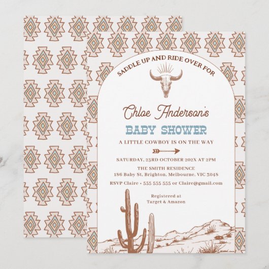 ボーイズBoho Arch Rodeo Western Baby Shower 招待状 (正面/裏面)