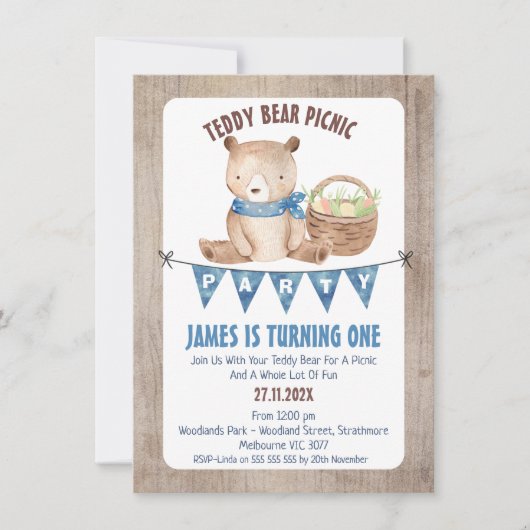 ボーイズBunting Teddy Bear Picnic 1st Birthday 招待状 (正面)