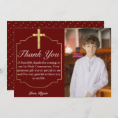 ボーイズBurgundy金ゴールドクロス1stコミュニオンサンキュー サンキューカード (正面/裏面)