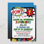 ボーイズPOWブルーレッドスーパーヒーロー1st誕生日 招待状 (正面/裏面)