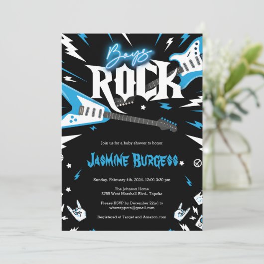 ボーイズROCKベビーシャワー招待状、ギター招待状 招待状 (スタンド正面)