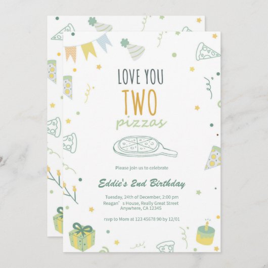 ボーイセカンドバースデーピザパーティの招待状ブルー 招待状 (正面/裏面)