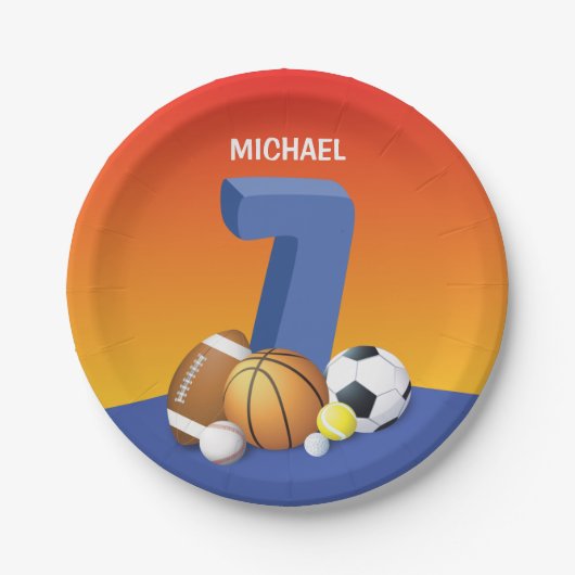 ボーイセブン誕生日スポーツボール ペーパープレート (正面)