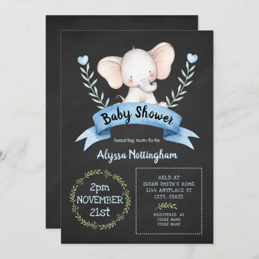 ボーイゾウの黒板の赤ちゃんシャワーの招待状 案内状 (正面/裏面)