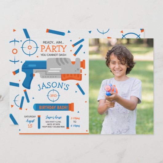 ボーイダーツガン戦争の誕生日パーティー写真 招待状 (正面/裏面)