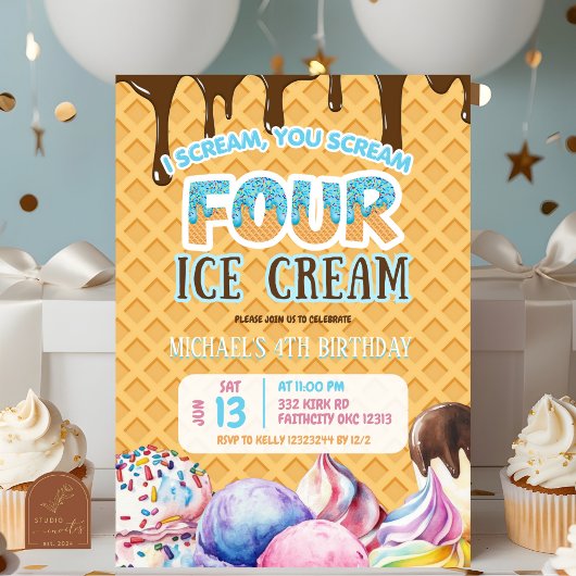 ボーイチョコレートドリップワッフルアイスクリーム4歳の誕生日 招待状