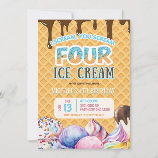 ボーイチョコレートドリップワッフルアイスクリーム4歳の誕生日 招待状 (正面)